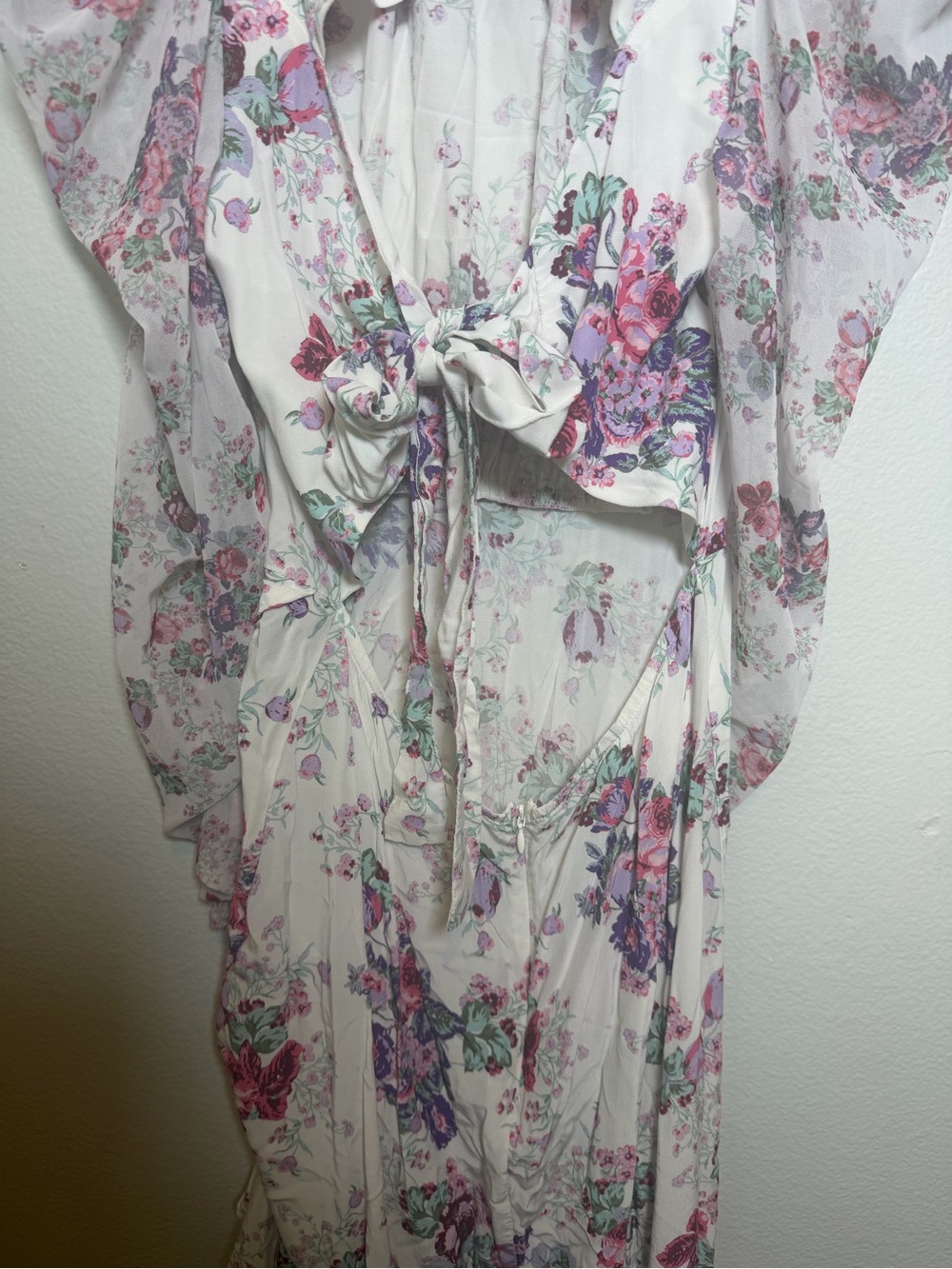 For Love & Lemons White Midi w/ Pink & Purple Floral Print Ruching & Open Back S - Picture 10 of 14